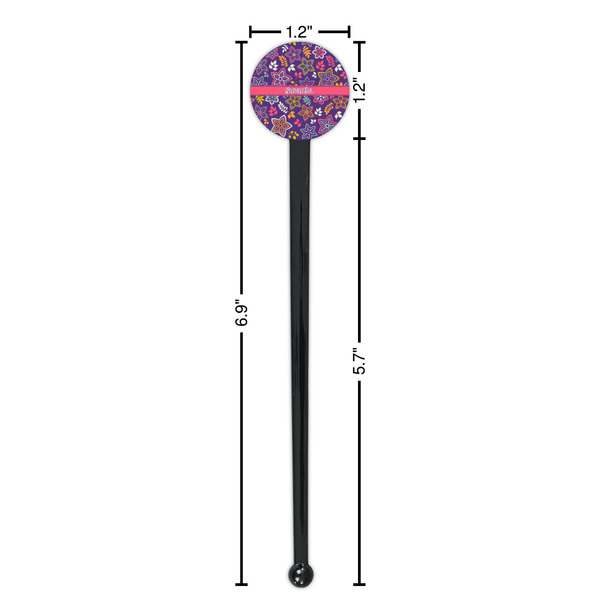 Simple Floral Black Plastic 7" Stir Stick - Round - Dimensions