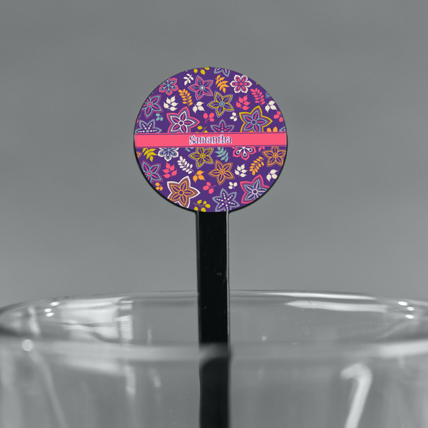 Simple Floral Black Plastic 7" Stir Stick - Round - Main