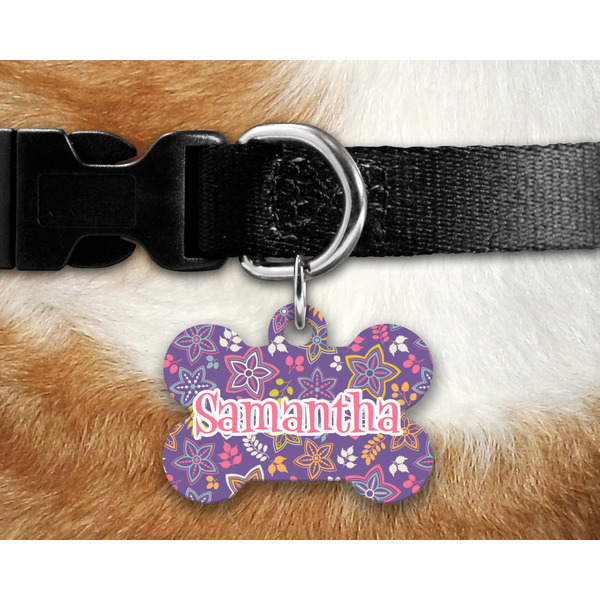 Simple Floral Bone Shaped Dog Tag on Collar & Dog