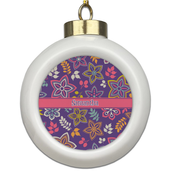 Custom Simple Floral Ceramic Ball Ornament (Personalized)