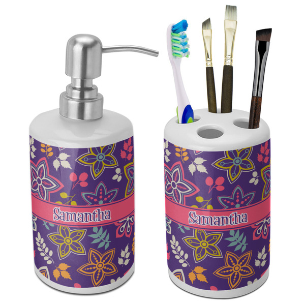 Custom Simple Floral Ceramic Bathroom Accessories Set (Personalized)
