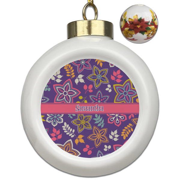 Custom Simple Floral Ceramic Ball Ornaments - Poinsettia Garland (Personalized)