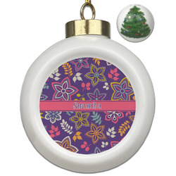 Simple Floral Ceramic Ball Ornament - Christmas Tree (Personalized)