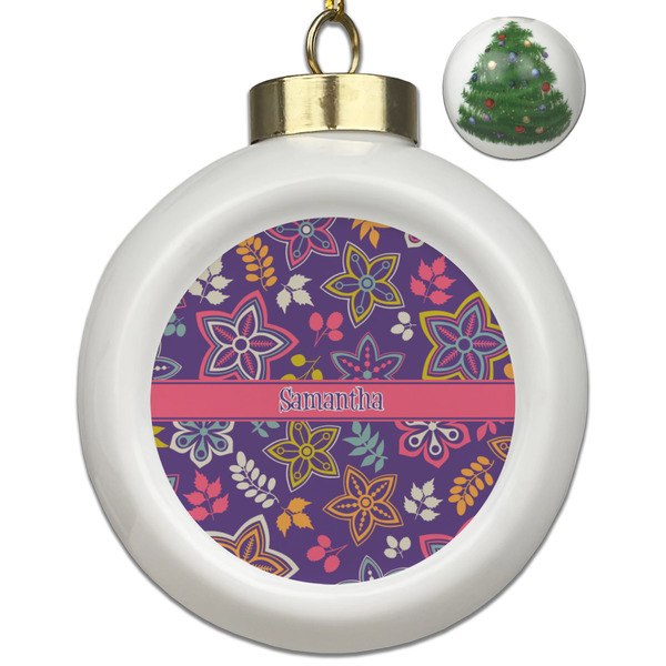 Custom Simple Floral Ceramic Ball Ornament - Christmas Tree (Personalized)