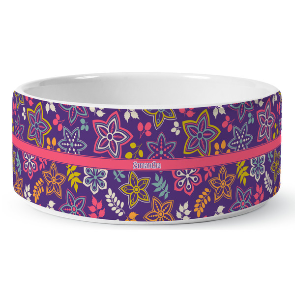 Simple Floral Ceramic Dog Bowl - Medium - Front