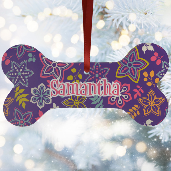 Custom Simple Floral Ceramic Dog Ornament w/ Name or Text