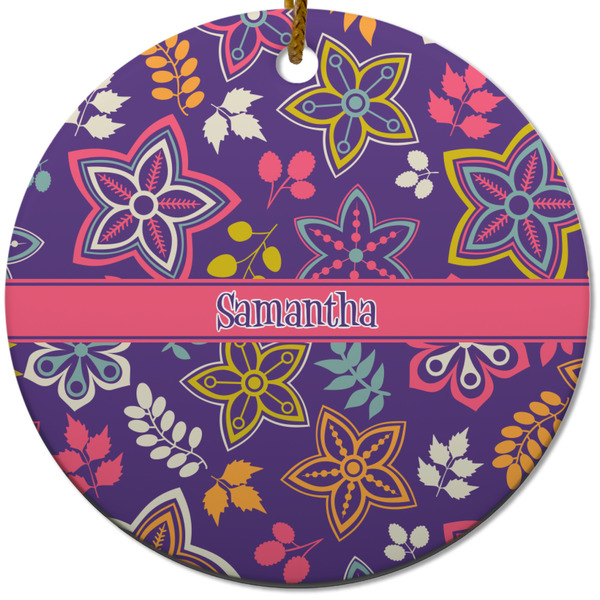 Custom Simple Floral Round Ceramic Ornament w/ Name or Text