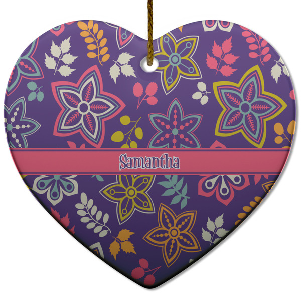 Custom Simple Floral Heart Ceramic Ornament w/ Name or Text