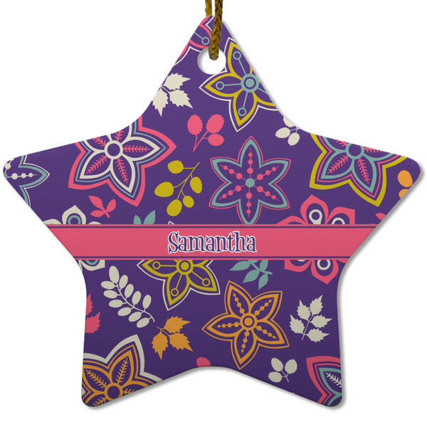 Custom Simple Floral Star Ceramic Ornament w/ Name or Text