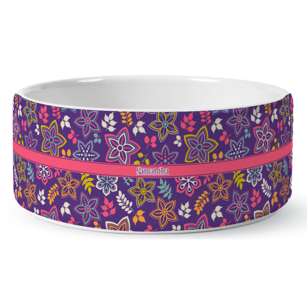 Custom Simple Floral Ceramic Dog Bowl (Personalized)