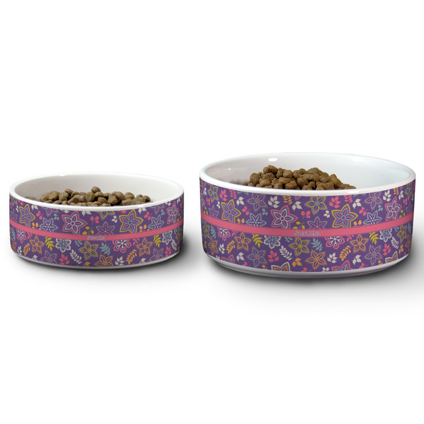 Simple Floral Ceramic Dog Bowls - Size Comparison
