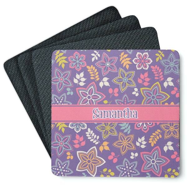 Custom Simple Floral Square Rubber Backed Coasters - Set of 4 (Personalized)