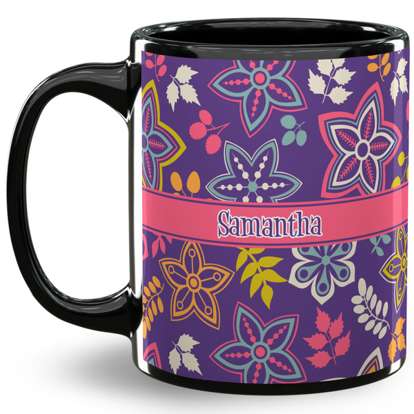 Custom Simple Floral 11 Oz Coffee Mug - Black (Personalized)