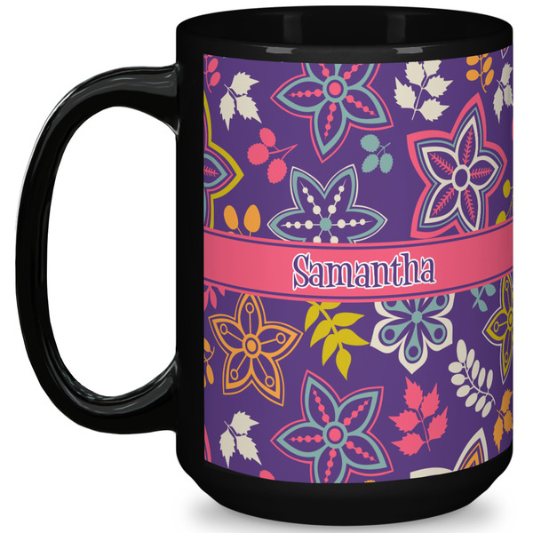 Custom Simple Floral 15 Oz Coffee Mug - Black (Personalized)
