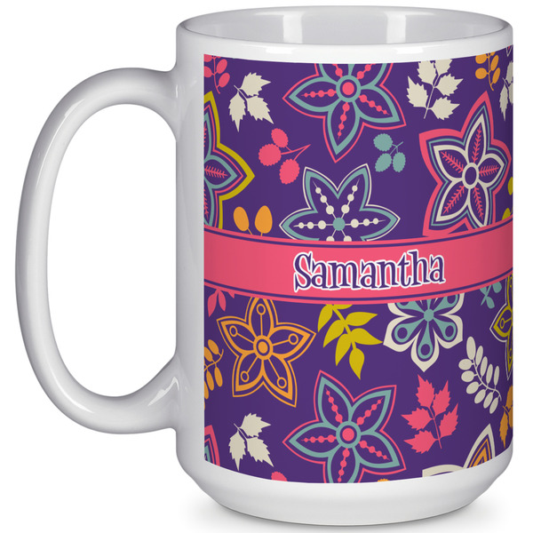 Custom Simple Floral 15 Oz Coffee Mug - White (Personalized)