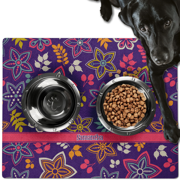 Custom Simple Floral Dog Food Mat - Large w/ Name or Text