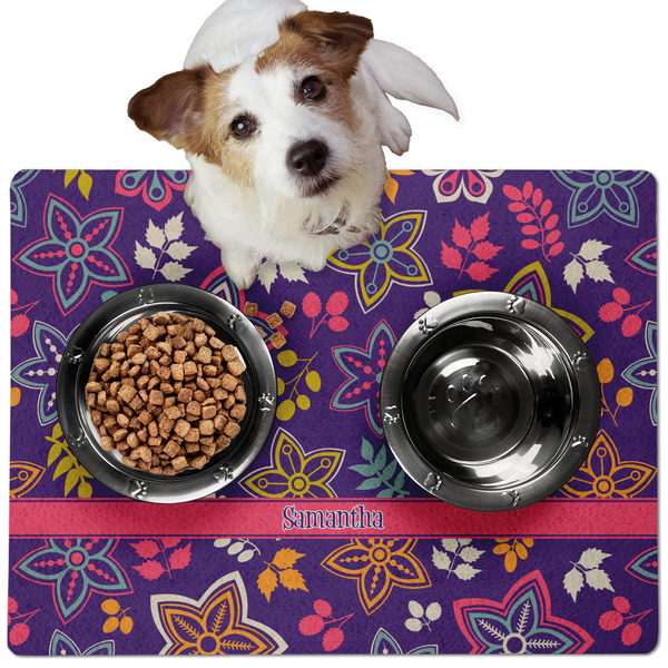 Custom Simple Floral Dog Food Mat - Medium w/ Name or Text