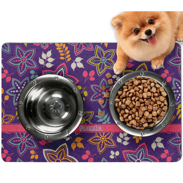 Custom Simple Floral Dog Food Mat - Small w/ Name or Text