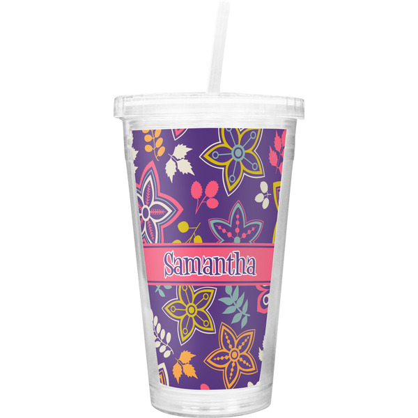 Custom Simple Floral Double Wall Tumbler with Straw (Personalized)