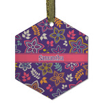 Simple Floral Flat Glass Ornament - Hexagon w/ Name or Text