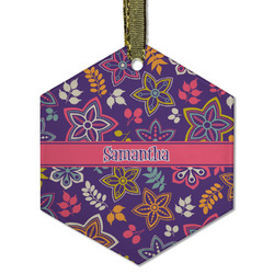 Simple Floral Flat Glass Ornament - Hexagon w/ Name or Text
