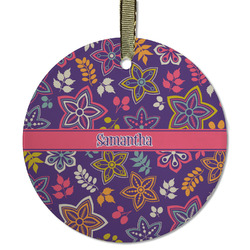 Simple Floral Flat Glass Ornament - Round w/ Name or Text