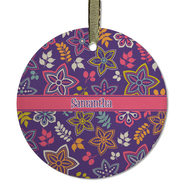 Custom Simple Floral Flat Glass Ornament - Round w/ Name or Text