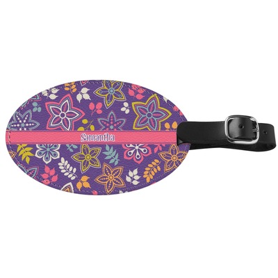 Simple Floral Genuine Leather Oval Luggage Tag (Personalized)