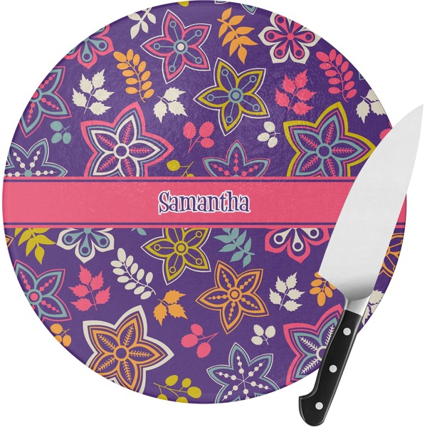 Custom Simple Floral Round Glass Cutting Board (Personalized)