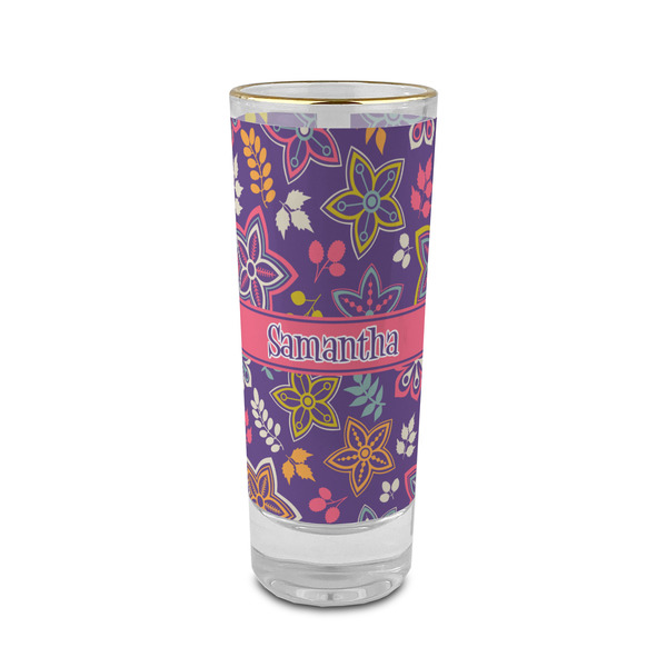 Custom Simple Floral 2 oz Shot Glass - Glass with Gold Rim (Personalized)