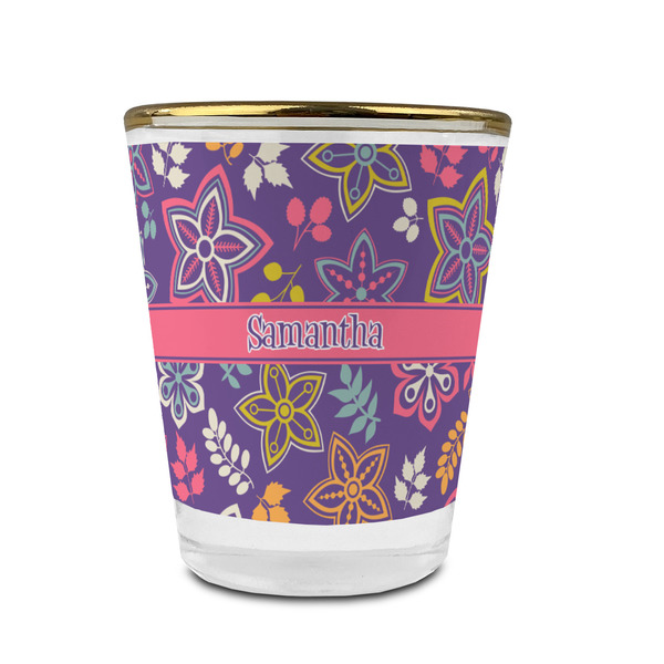 Custom Simple Floral Glass Shot Glass - 1.5 oz - with Gold Rim - Single (Personalized)