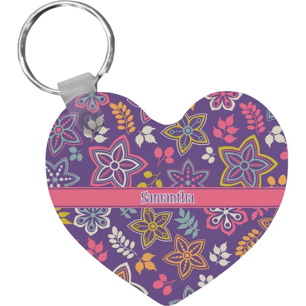 Custom Simple Floral Heart Plastic Keychain w/ Name or Text
