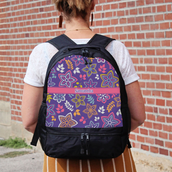 Simple Floral Large Backpack - Black - On Back