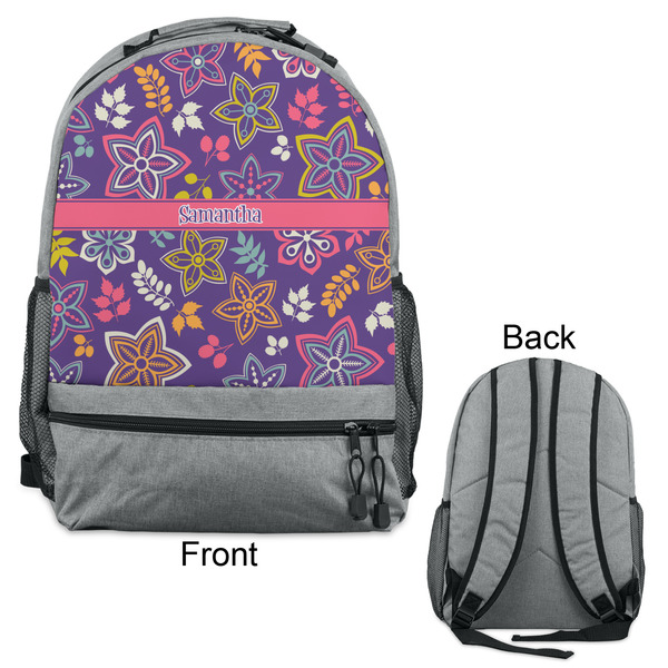 Simple Floral Large Backpack - Gray - Front & Back View