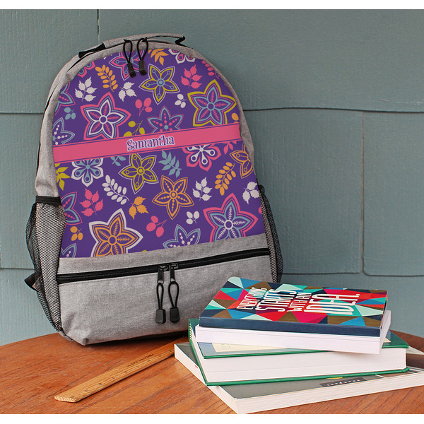 Simple Floral Large Backpack - Gray - On Desk