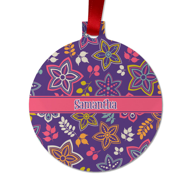 Custom Simple Floral Metal Ball Ornament - Double Sided w/ Name or Text