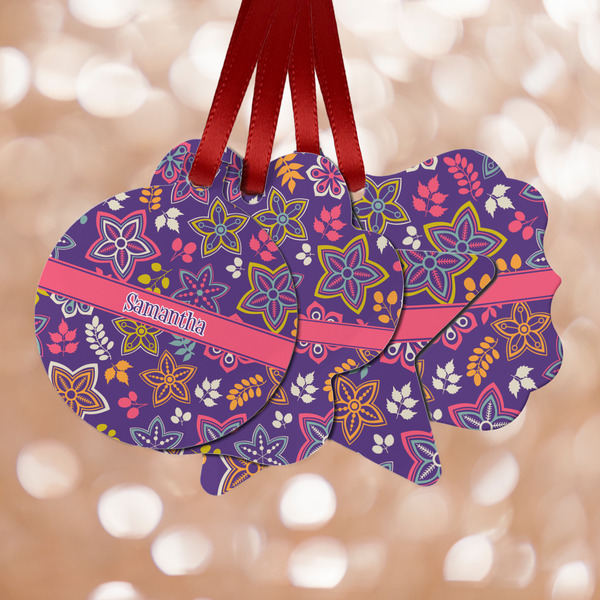 Custom Simple Floral Metal Ornaments - Double Sided w/ Name or Text