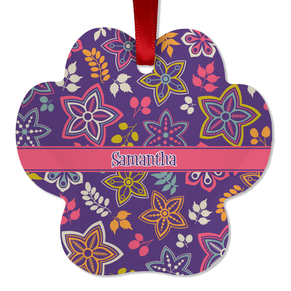 Custom Simple Floral Metal Paw Ornament - Double Sided w/ Name or Text