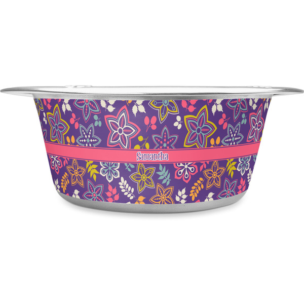 Custom Simple Floral Stainless Steel Dog Bowl - Large (Personalized)