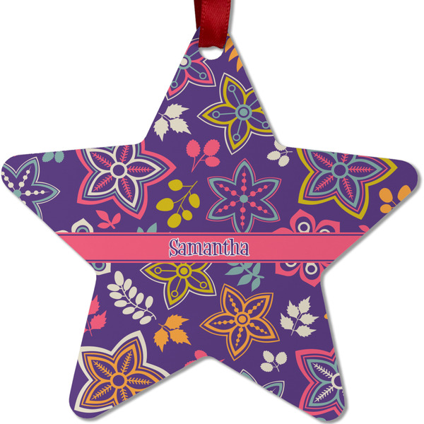 Custom Simple Floral Metal Star Ornament - Double Sided w/ Name or Text