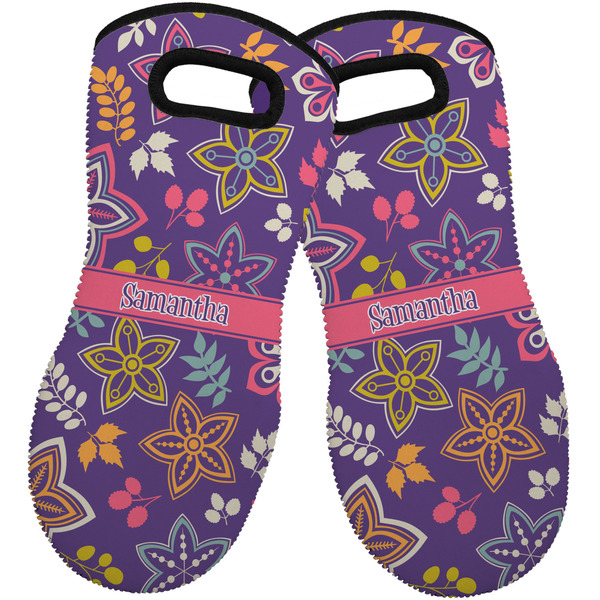Custom Simple Floral Neoprene Oven Mitts - Set of 2 w/ Name or Text
