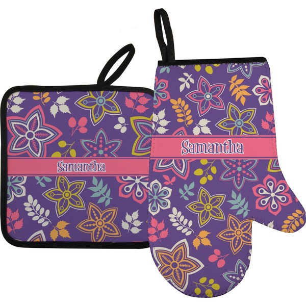 Custom Simple Floral Oven Mitt & Pot Holder Set w/ Name or Text