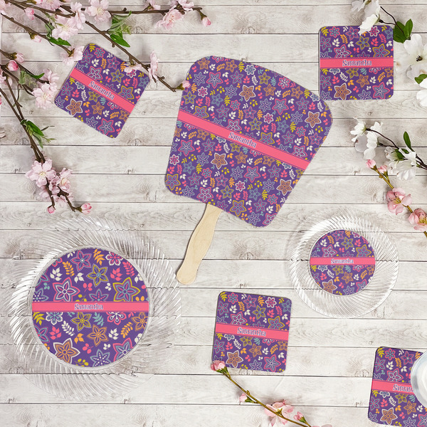 Simple Floral Party Supplies Combination Image - All items - Plates, Coasters, Fans
