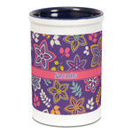 Simple Floral Ceramic Pencil Holders - Blue