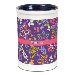 Simple Floral Ceramic Pencil Holders - Blue
