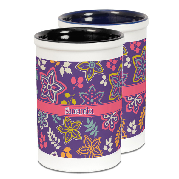 Custom Simple Floral Ceramic Pencil Holder - Large