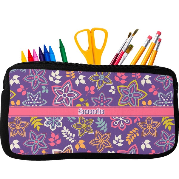 Custom Simple Floral Neoprene Pencil Case - Small w/ Name or Text
