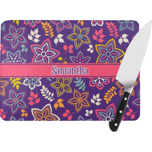 Custom Simple Floral Rectangular Glass Cutting Board - Large - 15.25"x11.25" w/ Name or Text