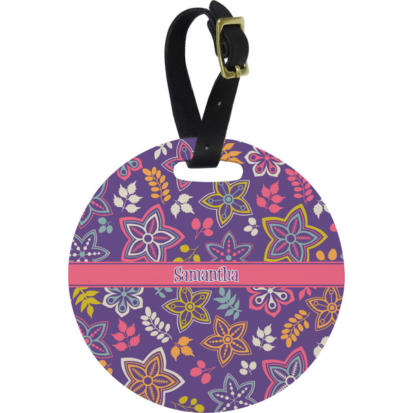 Custom Simple Floral Plastic Luggage Tag - Round (Personalized)