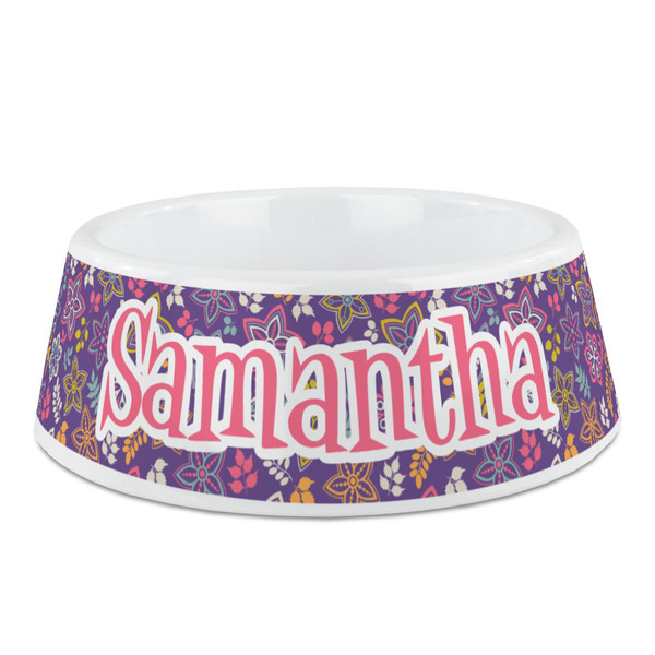 Custom Simple Floral Plastic Dog Bowl (Personalized)